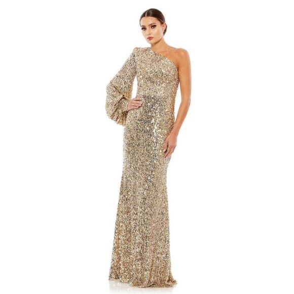 Mac Duggal 26717 Size 16 Gold Sequin Asymmetrical One Shoulder Maxi Dress Gown - Picture 5 of 7